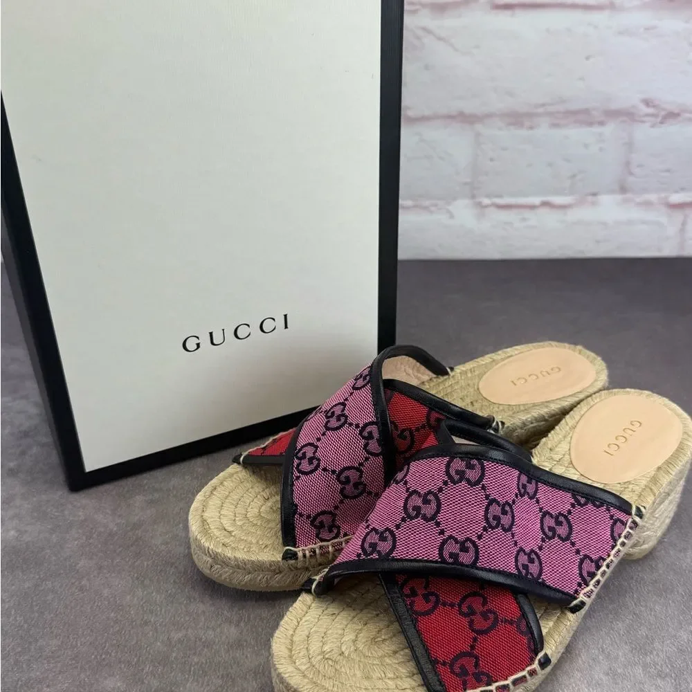 Gucci Multicolor Criss Cross Strap Red and Pink Espadrille Sandals Slides 37